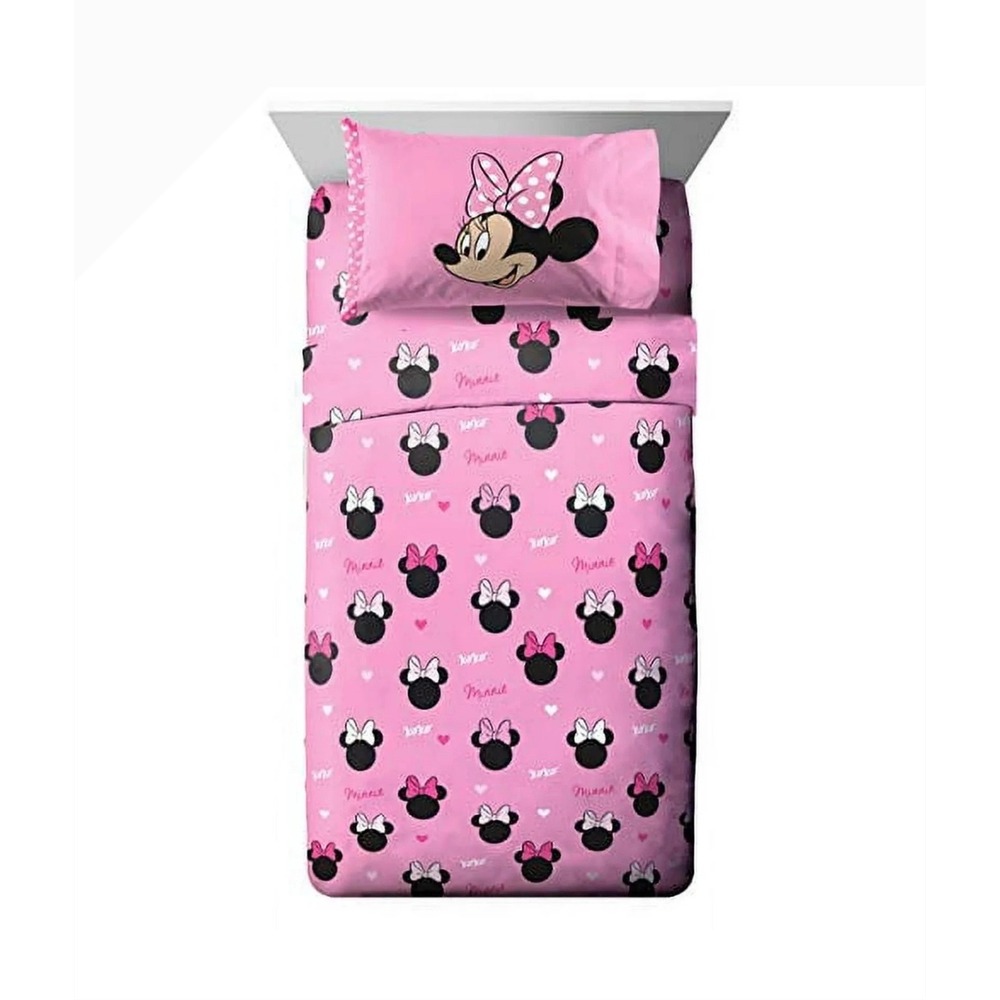 Disney Minnie Mouse Pink Bows Twin fitted flat Sheet Set Pillowcase 3 pcs